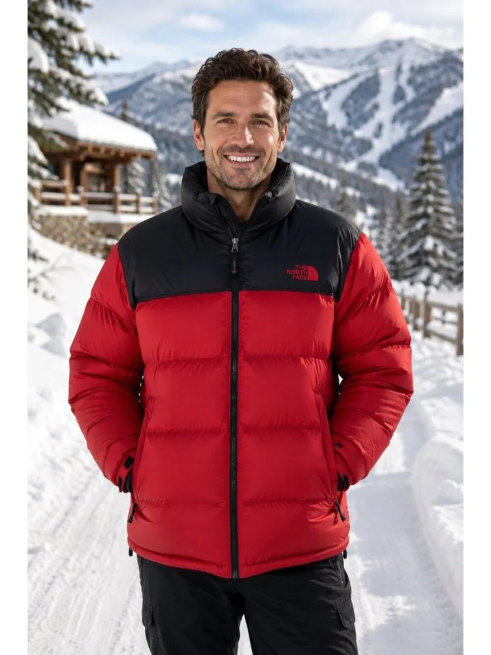 North Face Mens Nuptse 700 Red Black Puffer Jacket Goose Down Insulated Medium